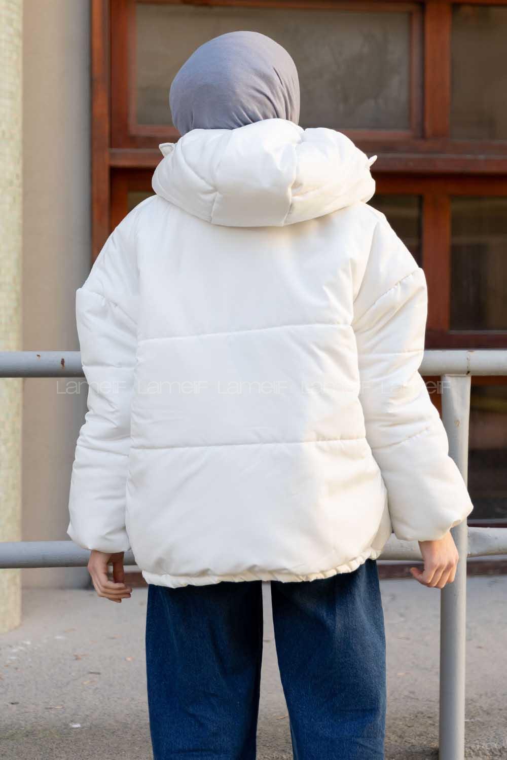 Modalamelif Önü Çıtçıt Düğmeli Kapşonlu Mont Ekru