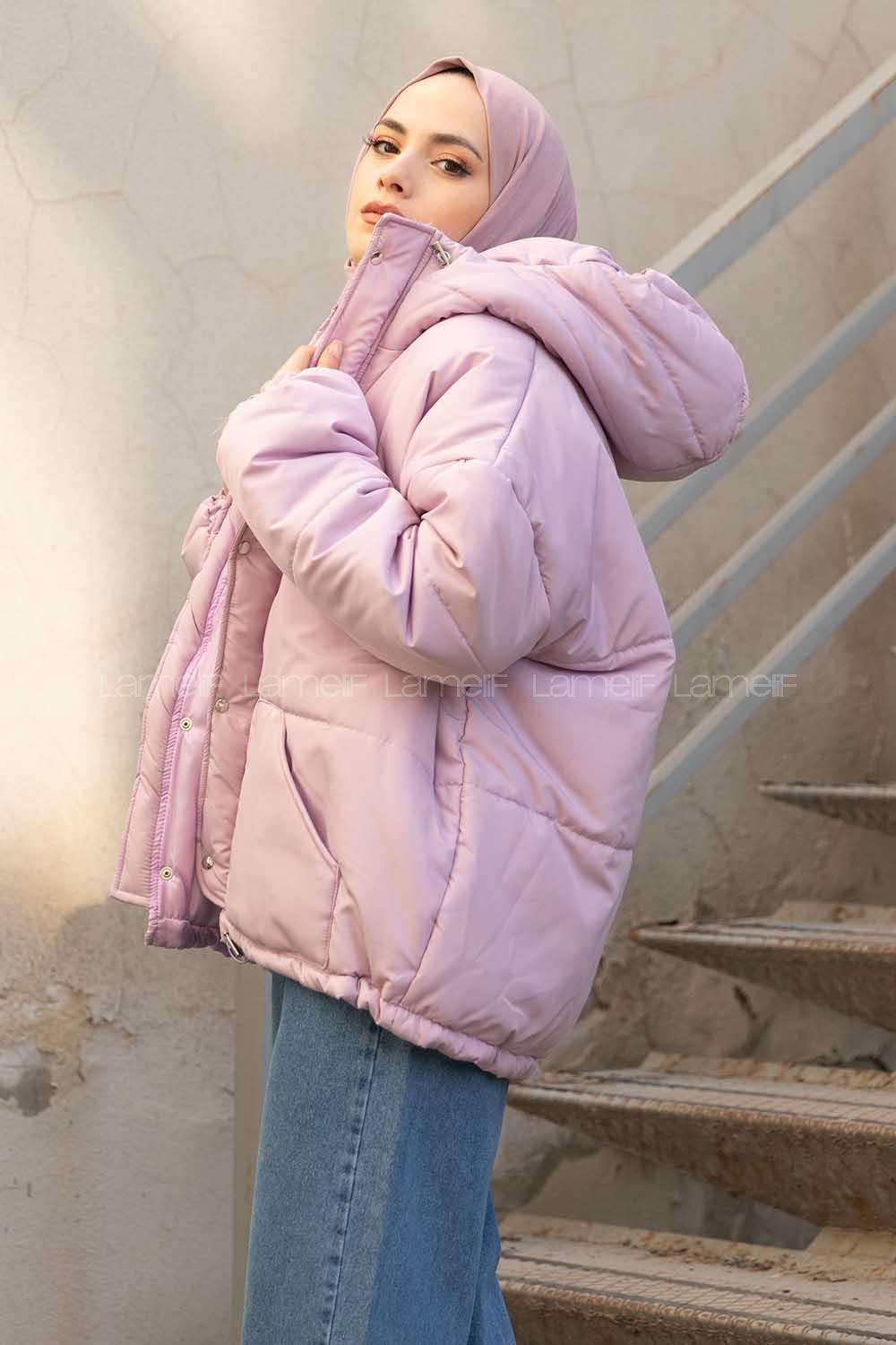 Modalamelif Önü Çıtçıt Düğmeli Kapşonlu Mont Lila