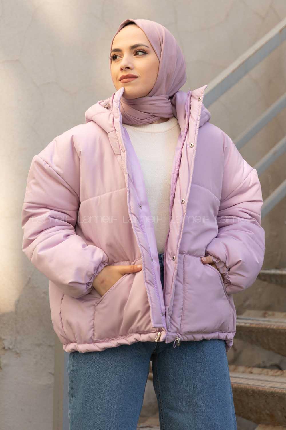 Modalamelif Önü Çıtçıt Düğmeli Kapşonlu Mont Lila