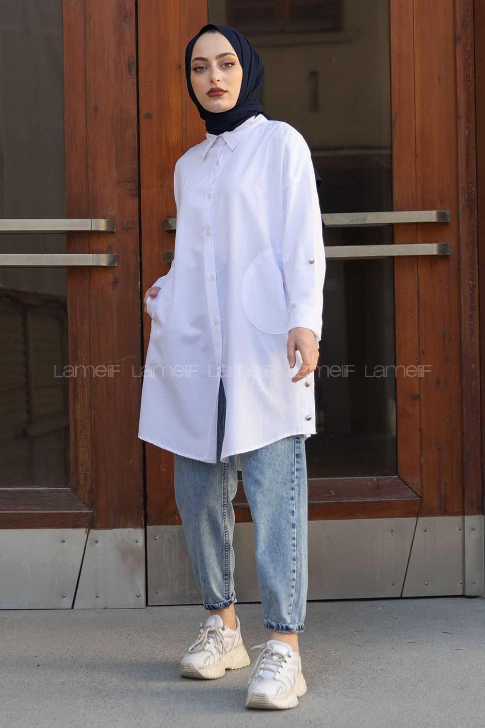 Modalamelif Önü Düğmeli Çift Cepli Gömlek Beyaz