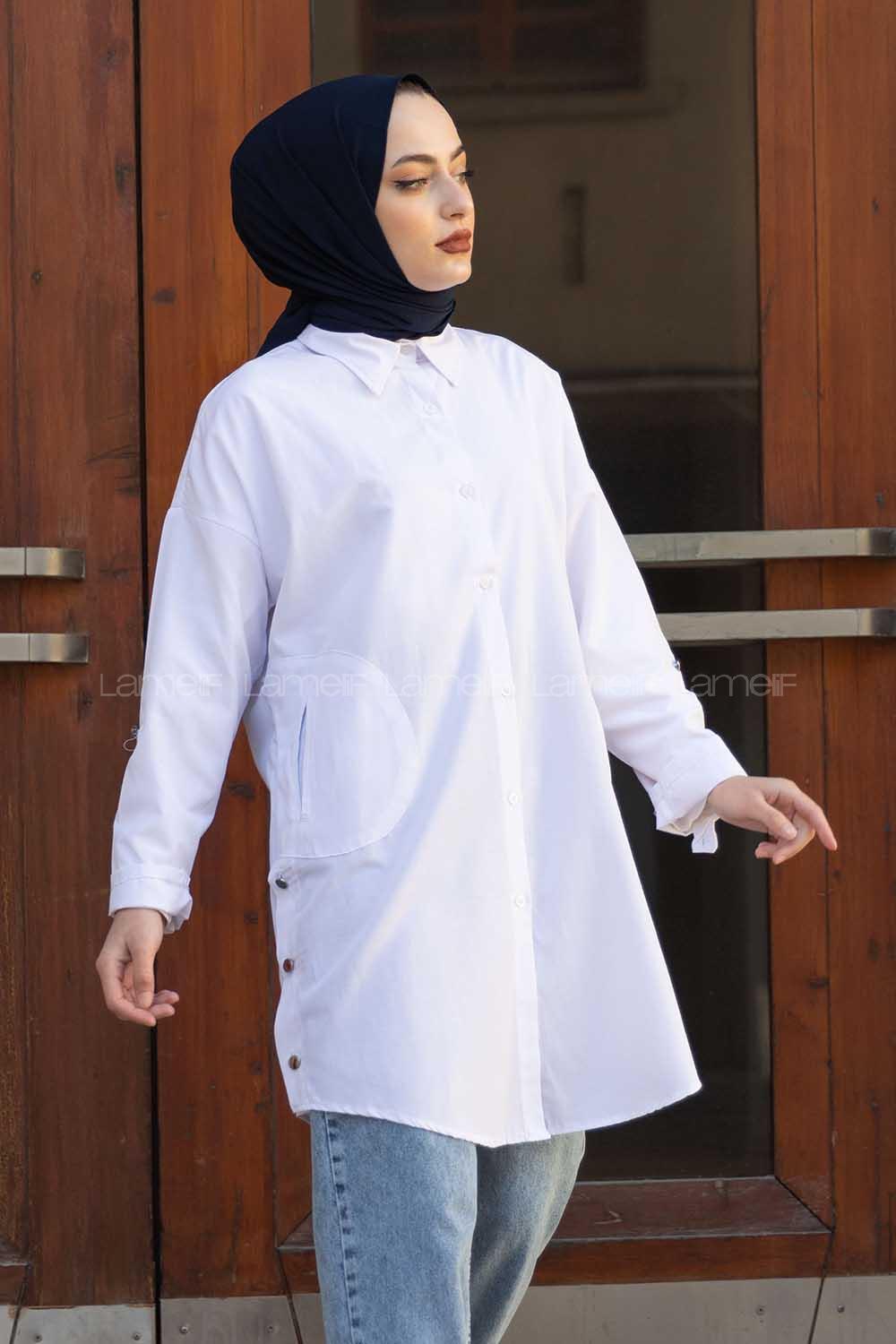 Modalamelif Önü Düğmeli Çift Cepli Gömlek Beyaz