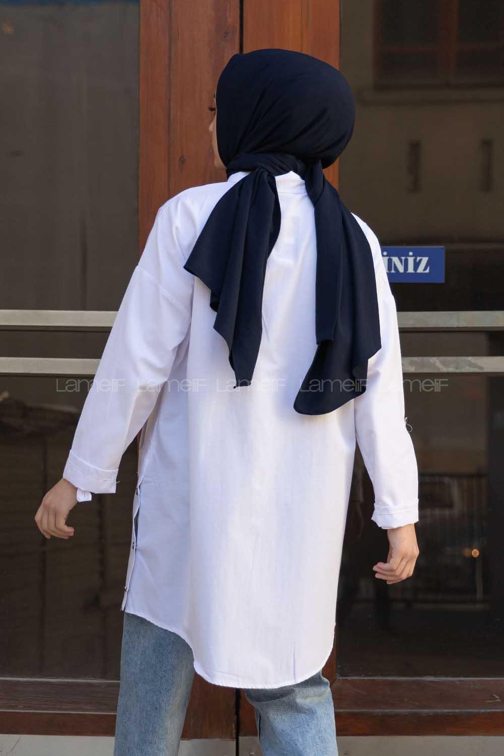 Modalamelif Önü Düğmeli Çift Cepli Gömlek Beyaz