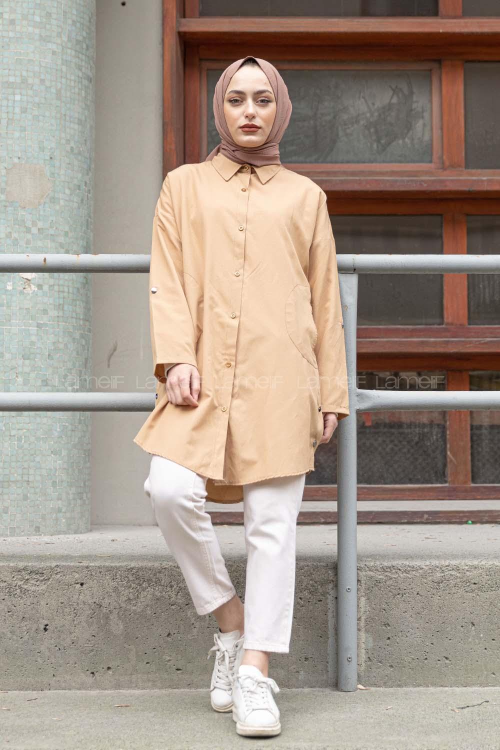 Modalamelif Önü Düğmeli Çift Cepli Gömlek Camel