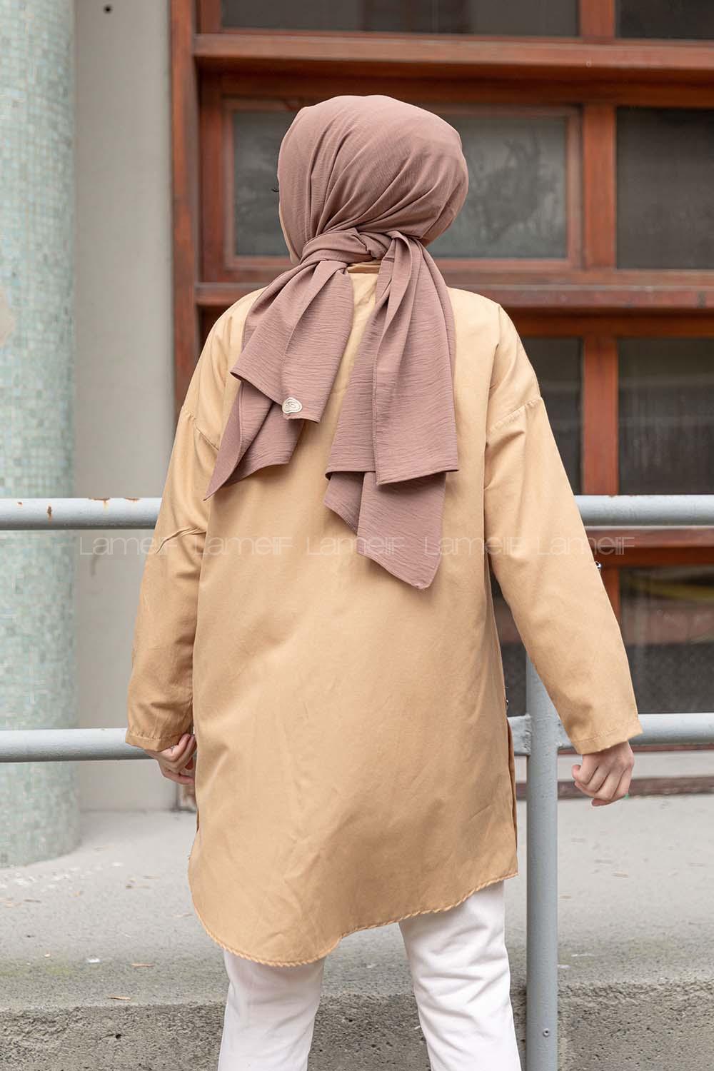 Modalamelif Önü Düğmeli Çift Cepli Gömlek Camel