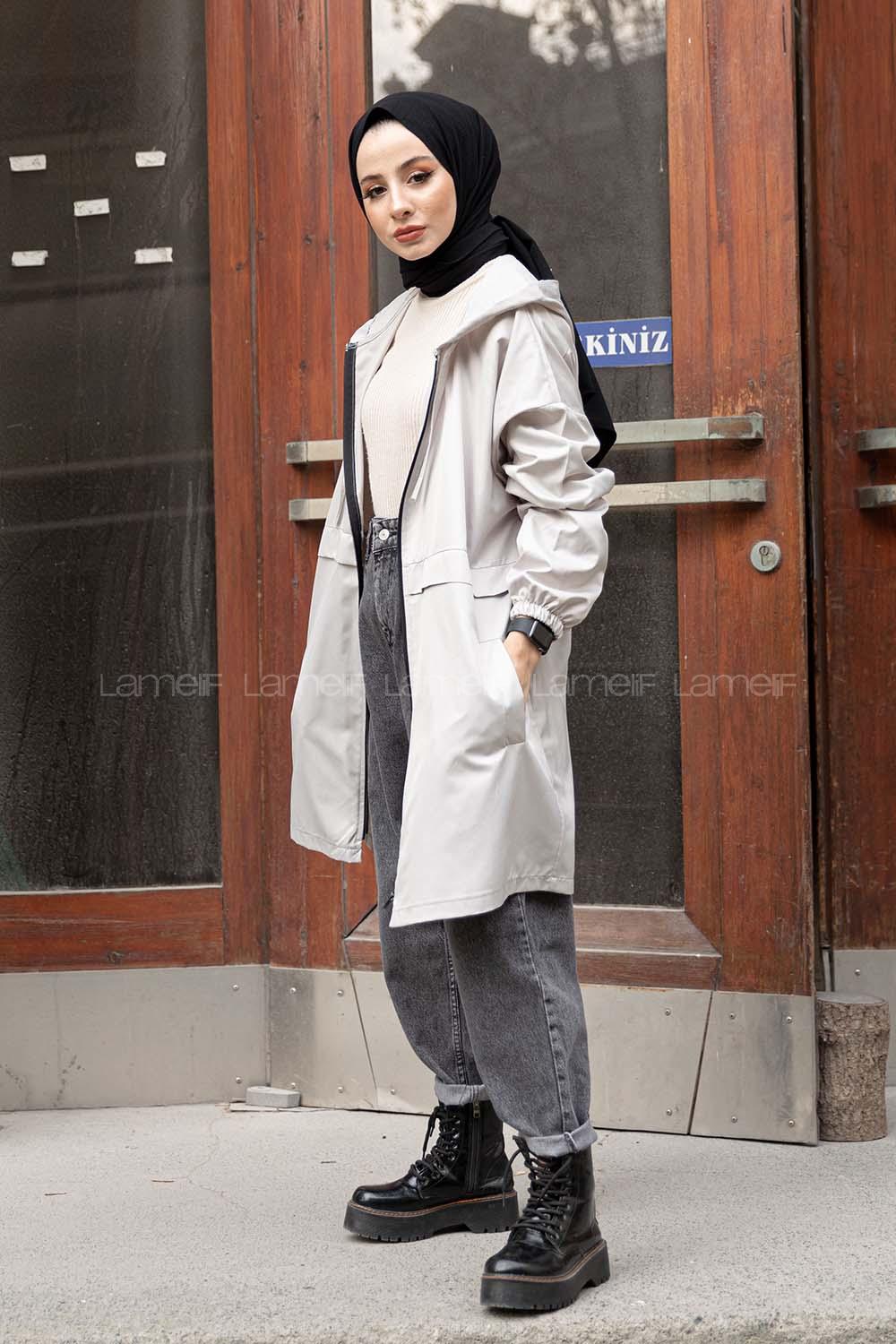 Modalamelif Önü Fermurlı Kapşonlu Kap Açık Gri