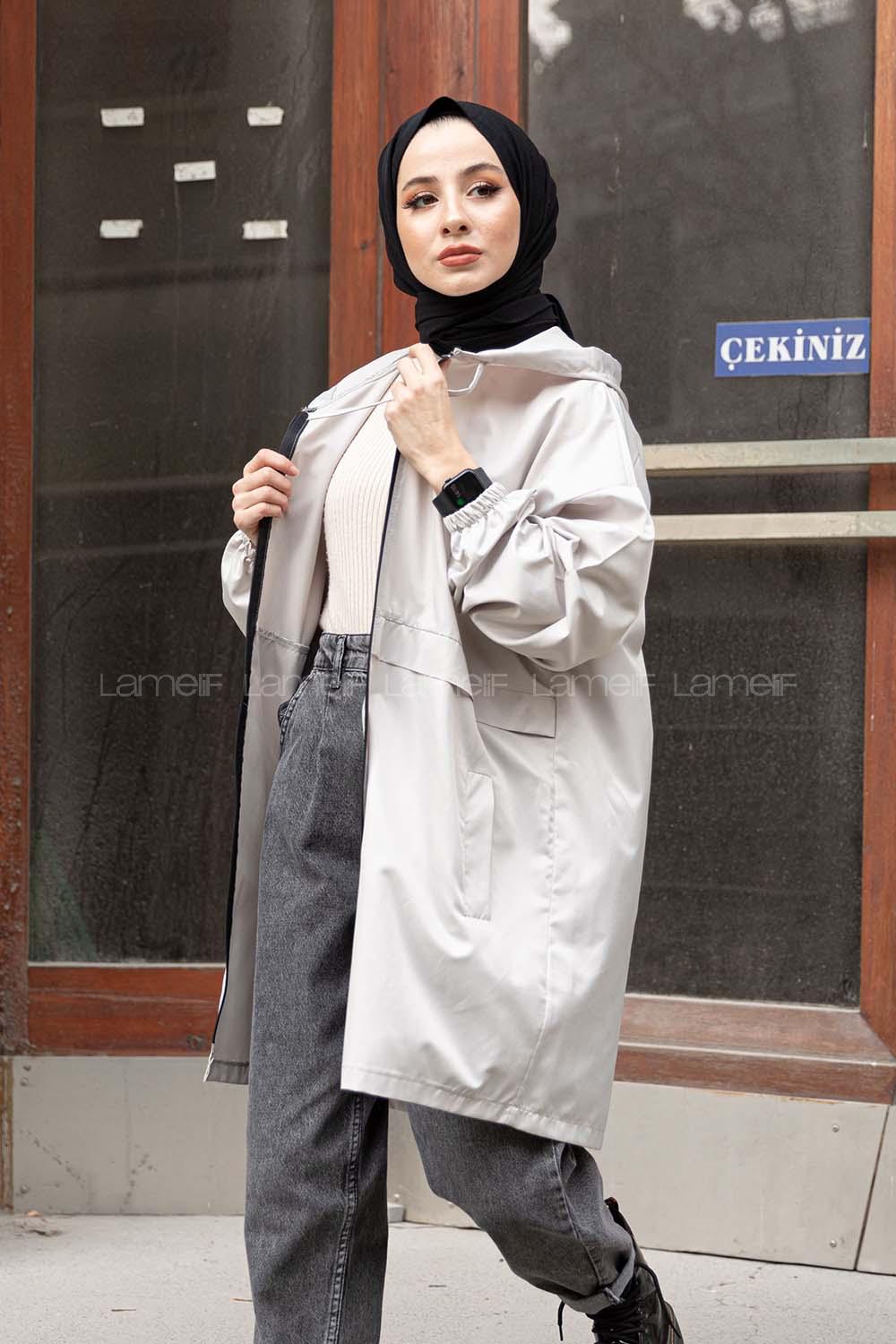 Modalamelif Önü Fermurlı Kapşonlu Kap Açık Gri