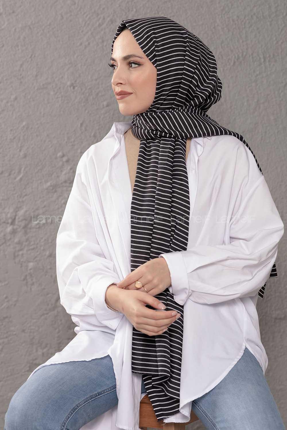 Modalamelif Siyah Beyaz Çizgili Desenli Şal