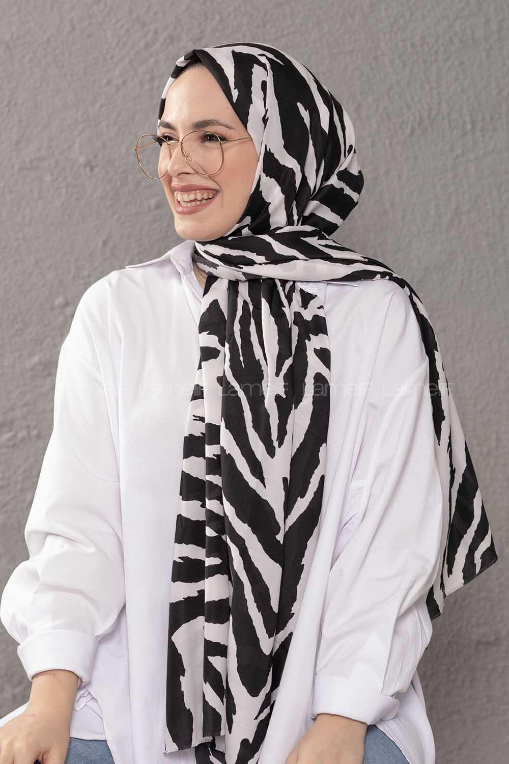 Modalamelif Siyah Beyaz Zebra  Desenli Şal