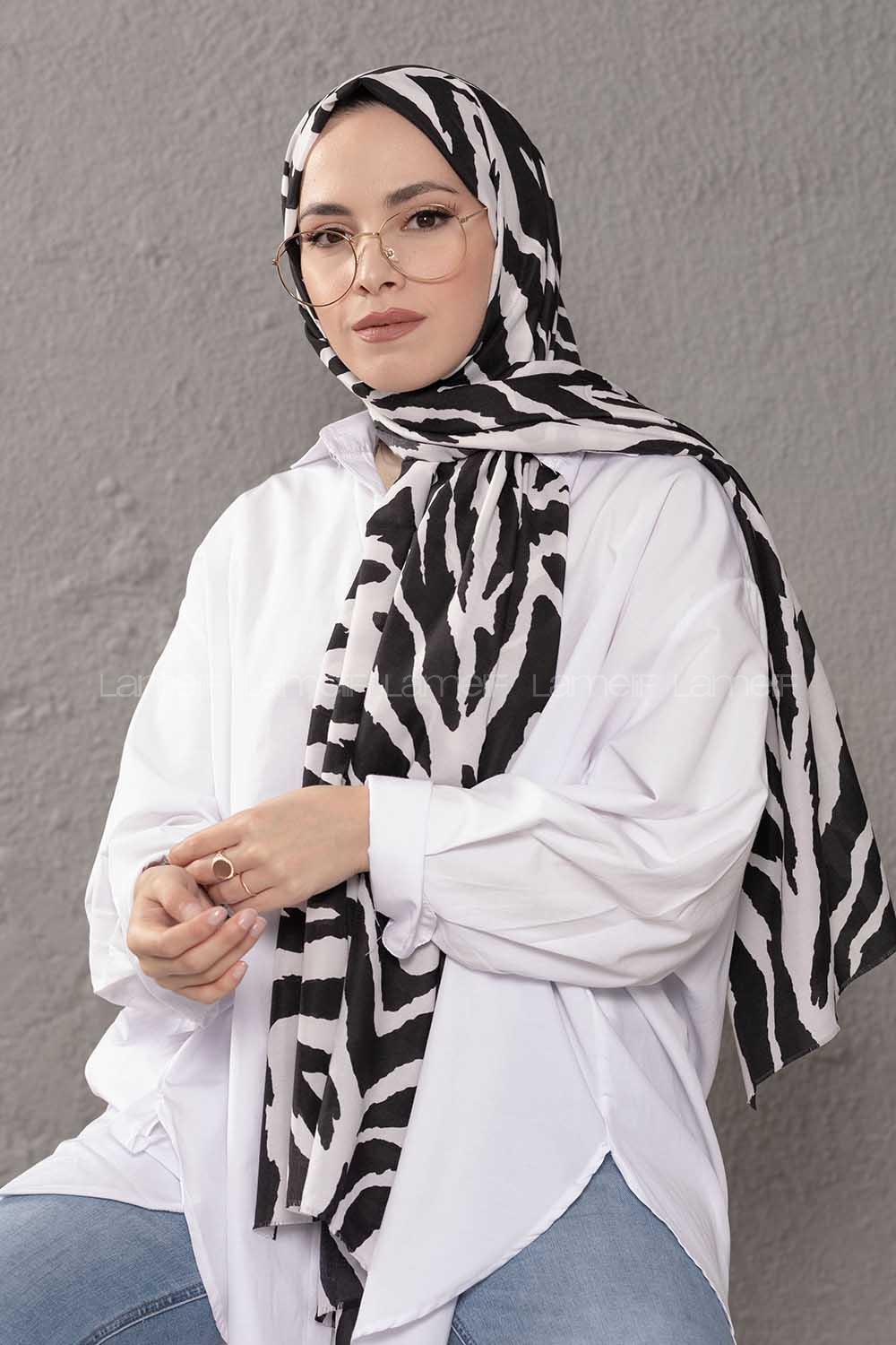 Modalamelif Siyah Beyaz Zebra  Desenli Şal