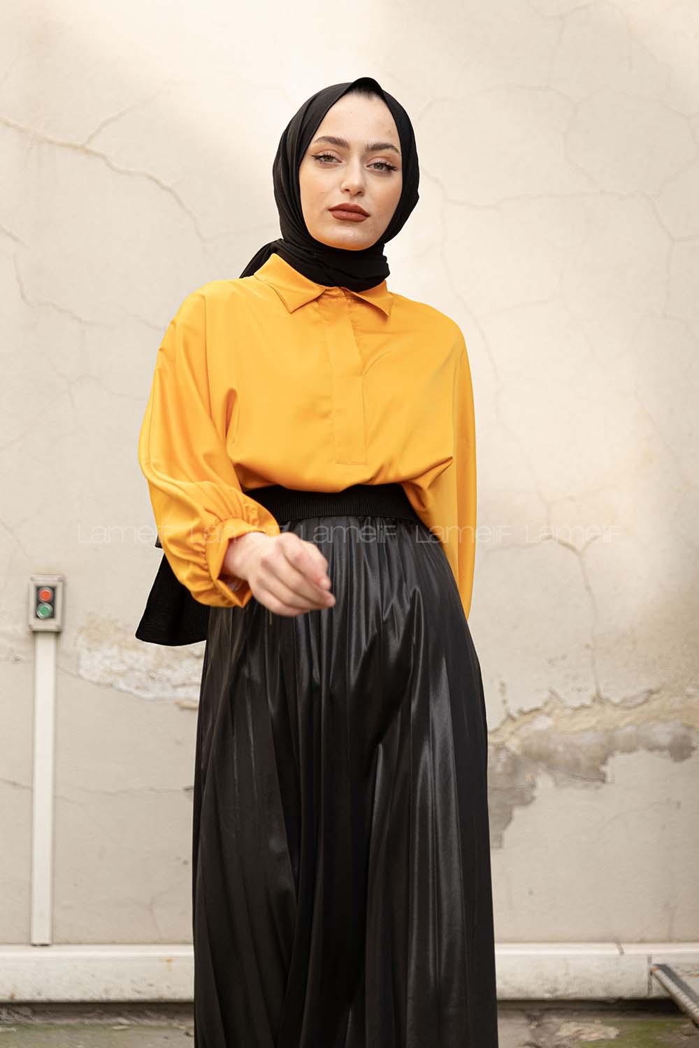 Modalamelif Yarasa Kol Gömlek Yaka Bluz Hardal Sarısı