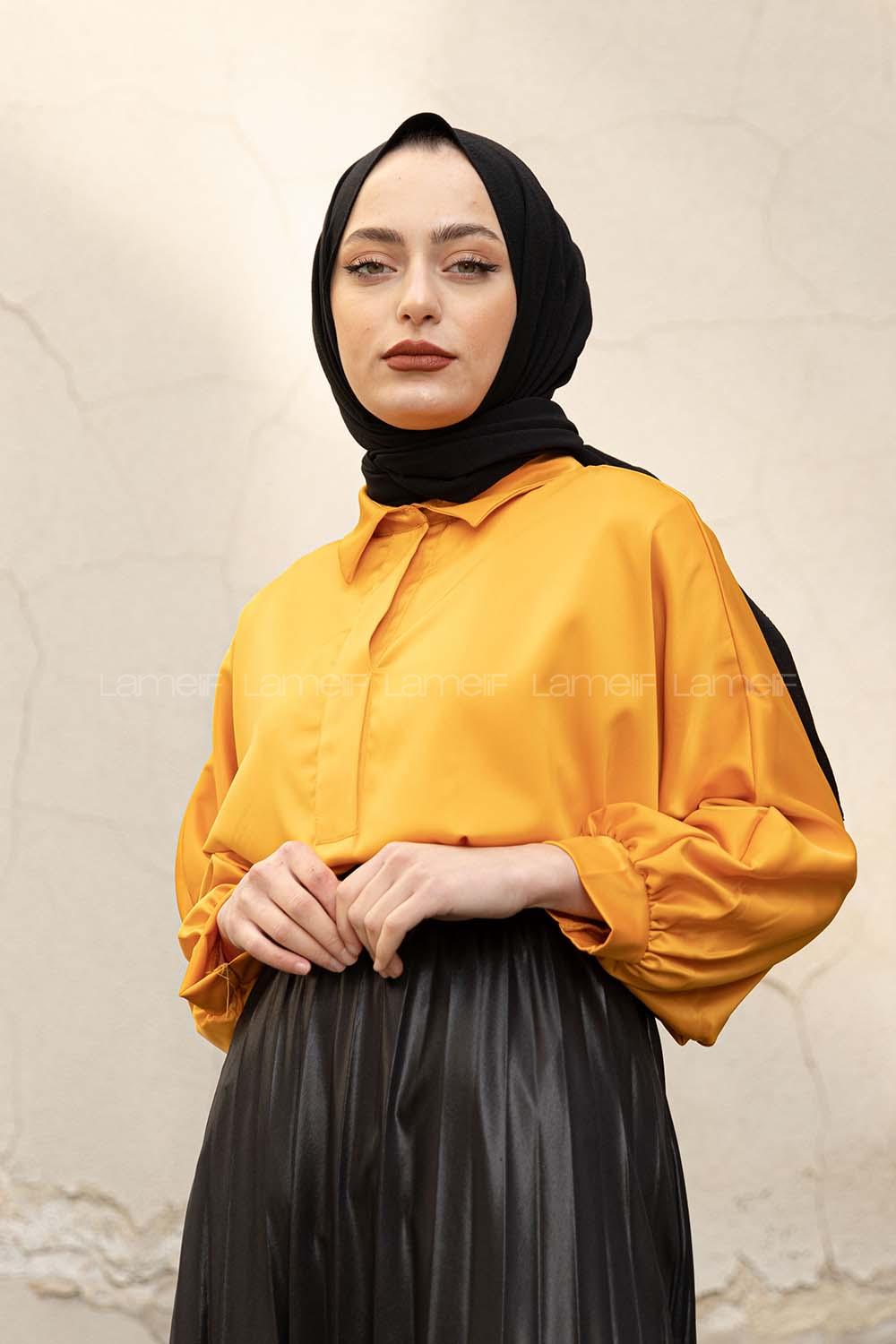 Modalamelif Yarasa Kol Gömlek Yaka Bluz Hardal Sarısı