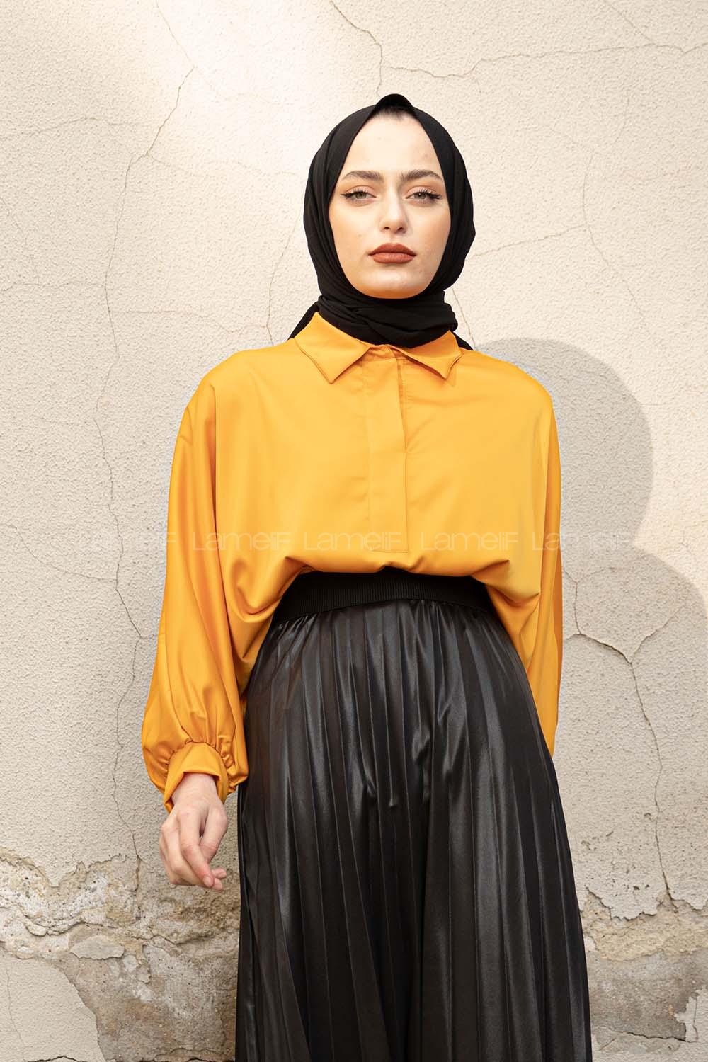 Modalamelif Yarasa Kol Gömlek Yaka Bluz Hardal Sarısı