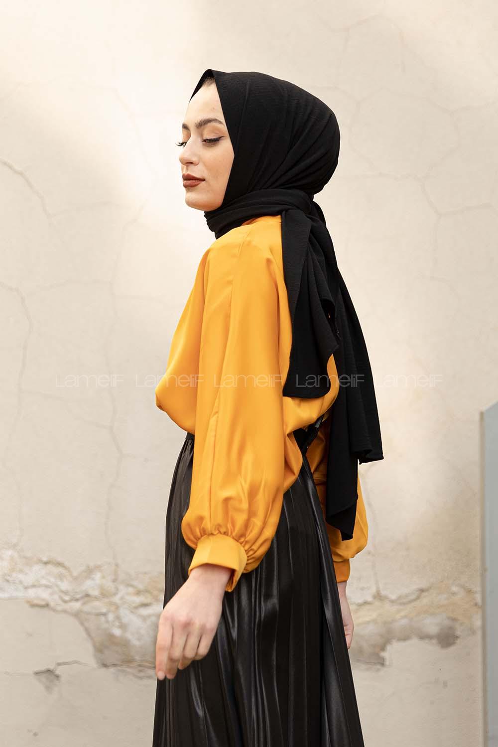 Modalamelif Yarasa Kol Gömlek Yaka Bluz Hardal Sarısı