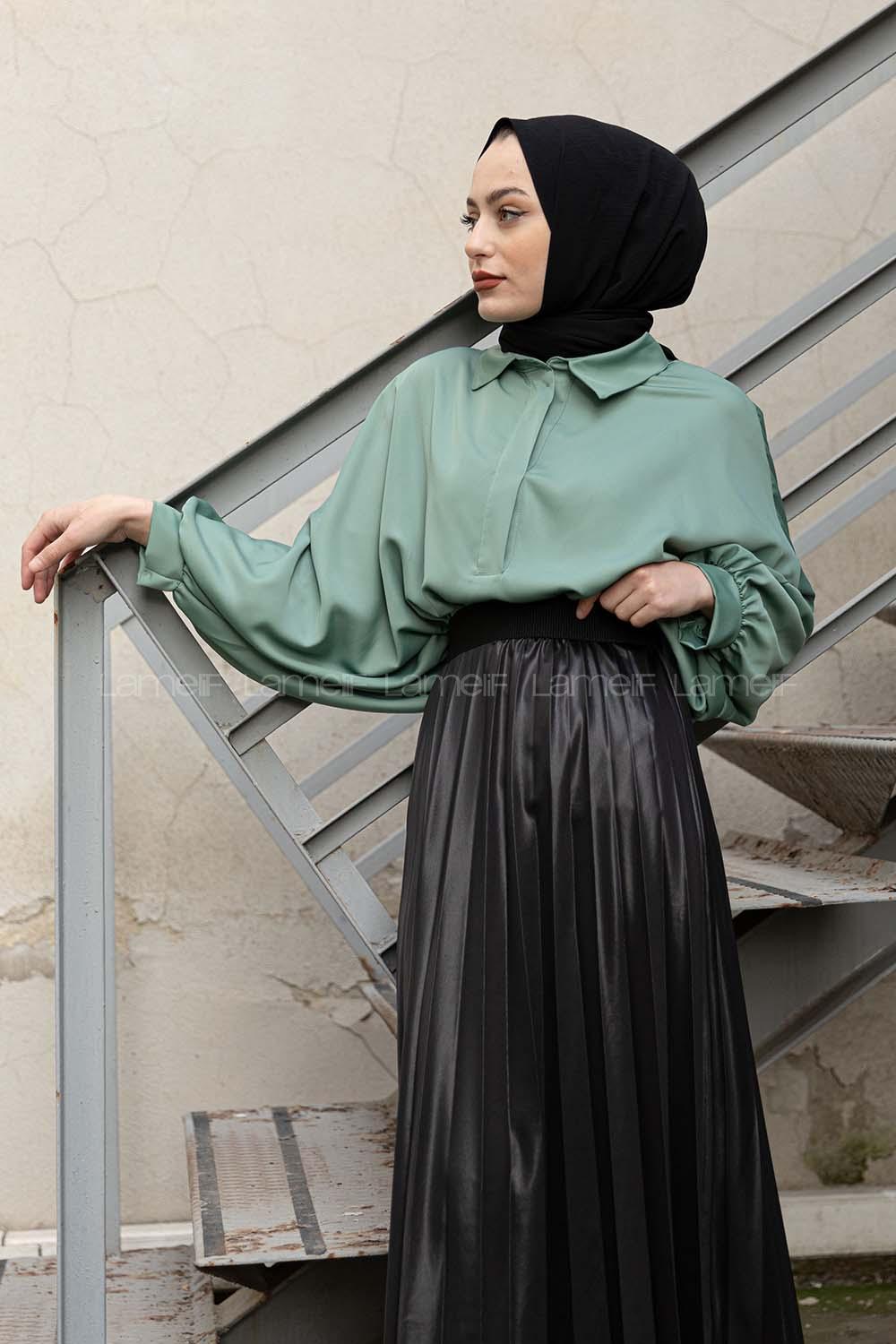 Modalamelif Yarasa Kol Gömlek Yaka Bluz Mint Yeşili