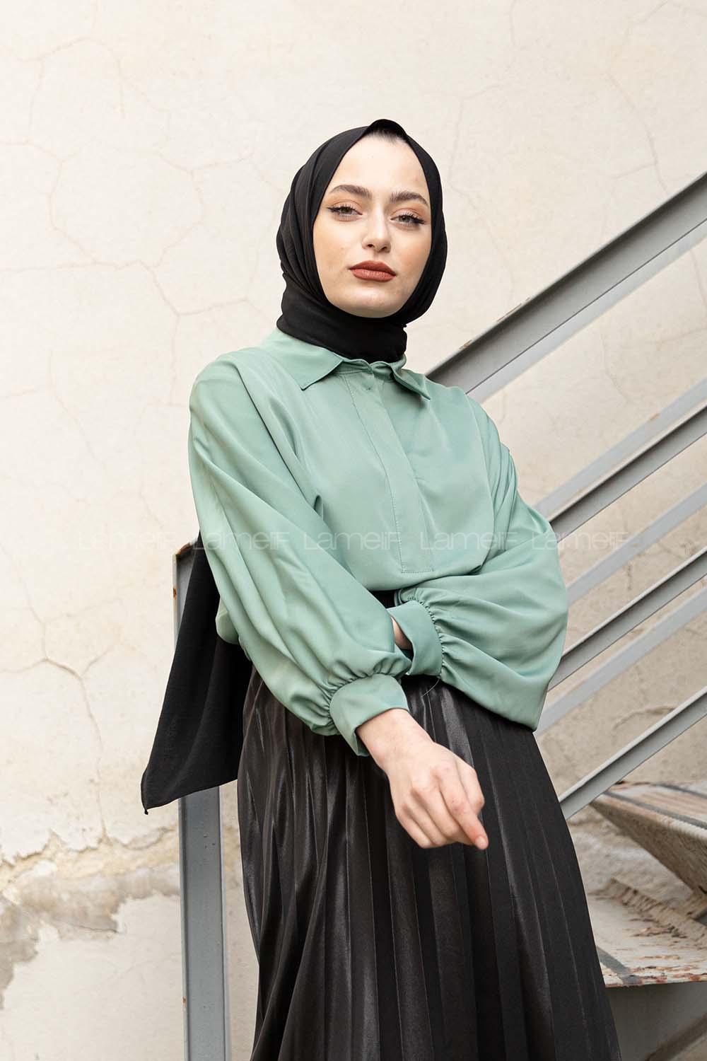 Modalamelif Yarasa Kol Gömlek Yaka Bluz Mint Yeşili