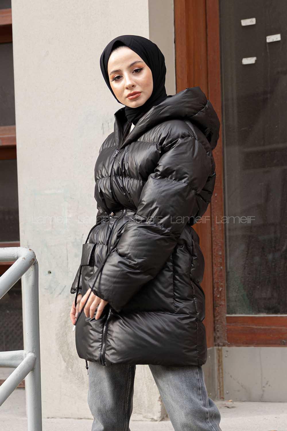 Modalamelif Bel Tünelli Şişme Mont Siyah