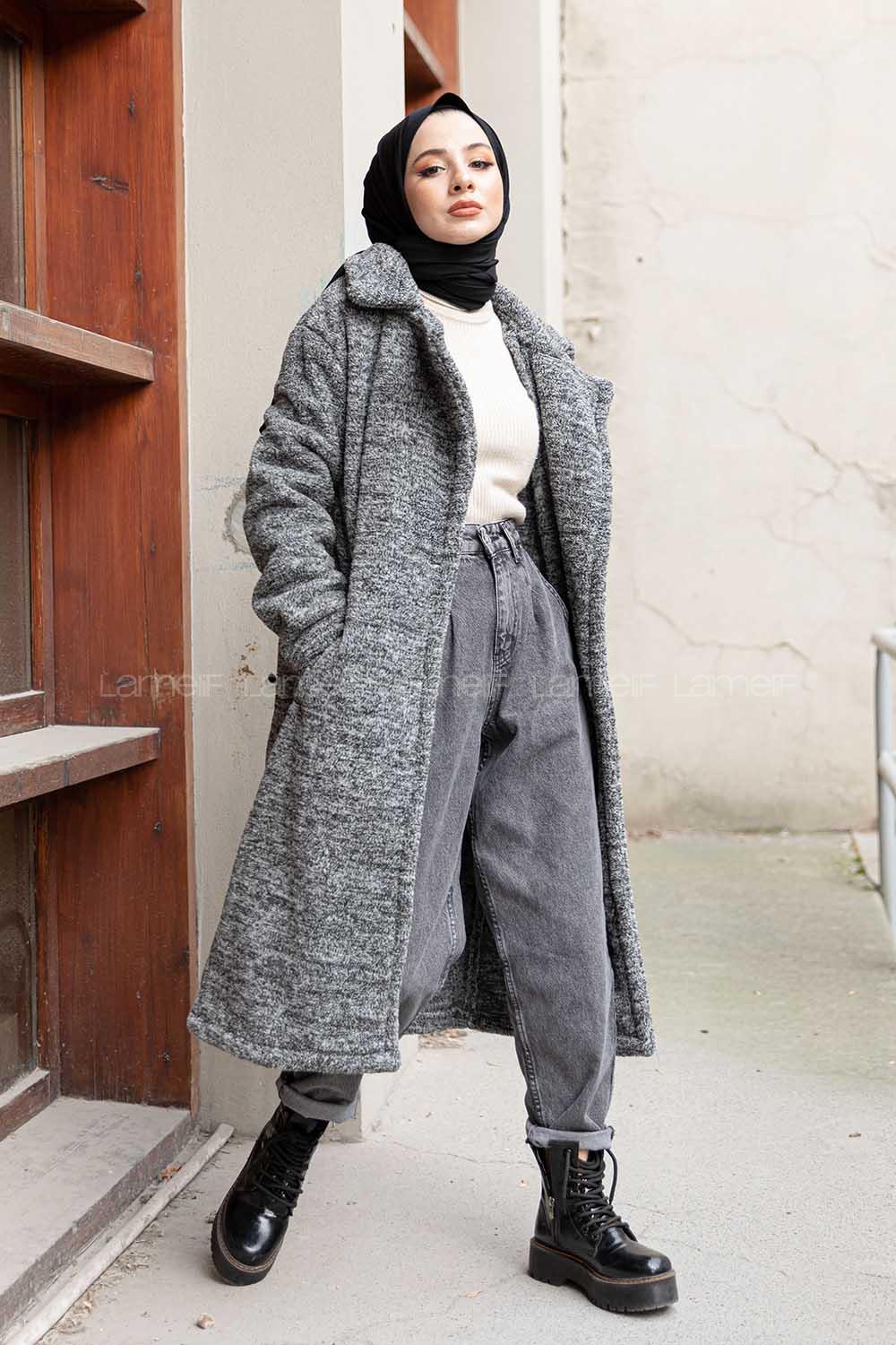 Modalamelif Çift Cepli Uzun Peluş Kaban Gri Siyah