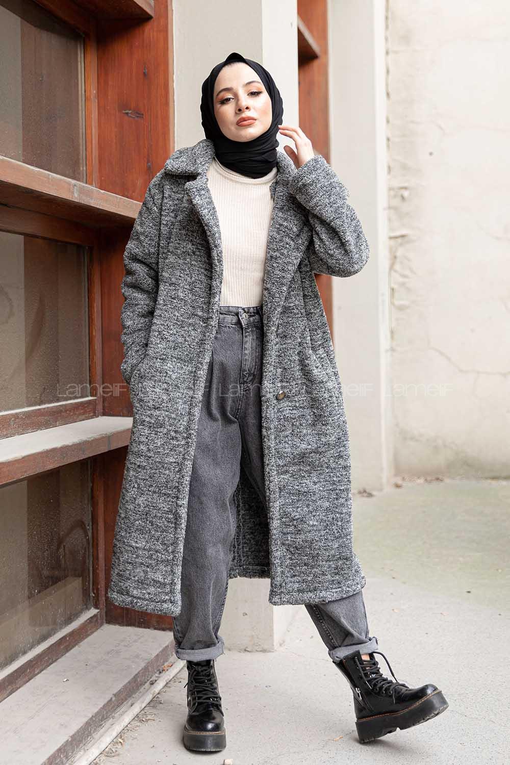 Modalamelif Çift Cepli Uzun Peluş Kaban Gri Siyah