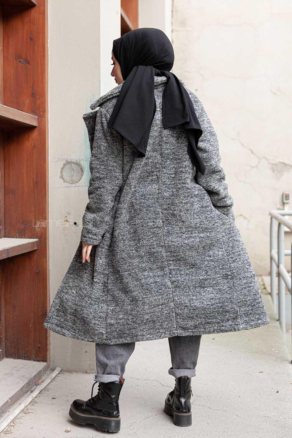 Modalamelif Çift Cepli Uzun Peluş Kaban Gri Siyah