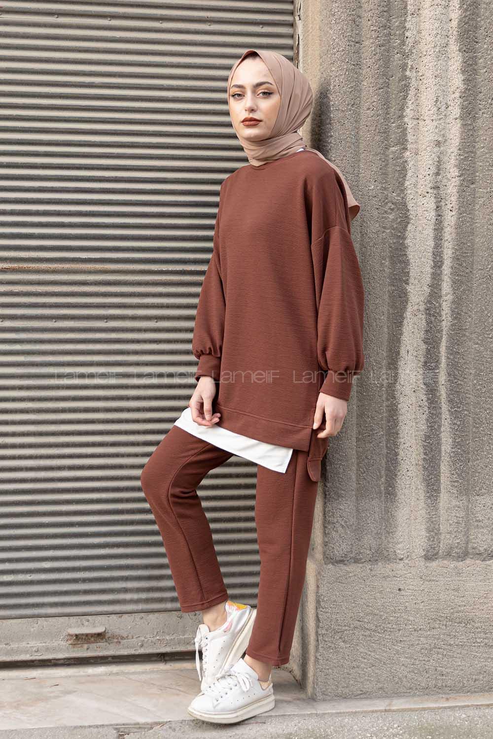 Modalamelif Eteği  Garnili Balon Kol İkili Takım Acı Kahve