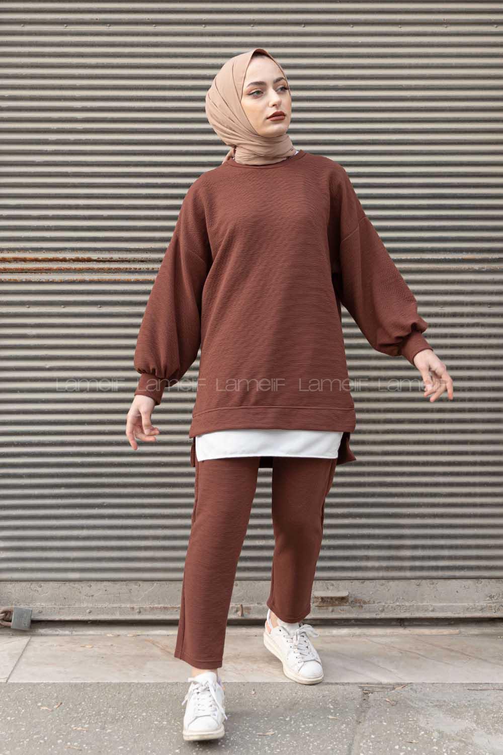 Modalamelif Eteği  Garnili Balon Kol İkili Takım Acı Kahve