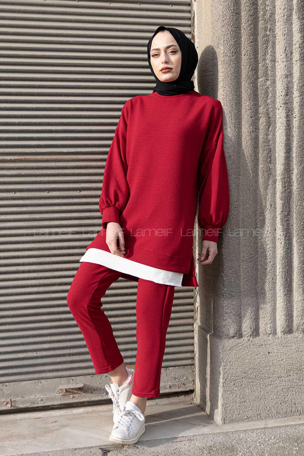 Modalamelif Eteği  Garnili Balon Kol İkili Takım Bordo