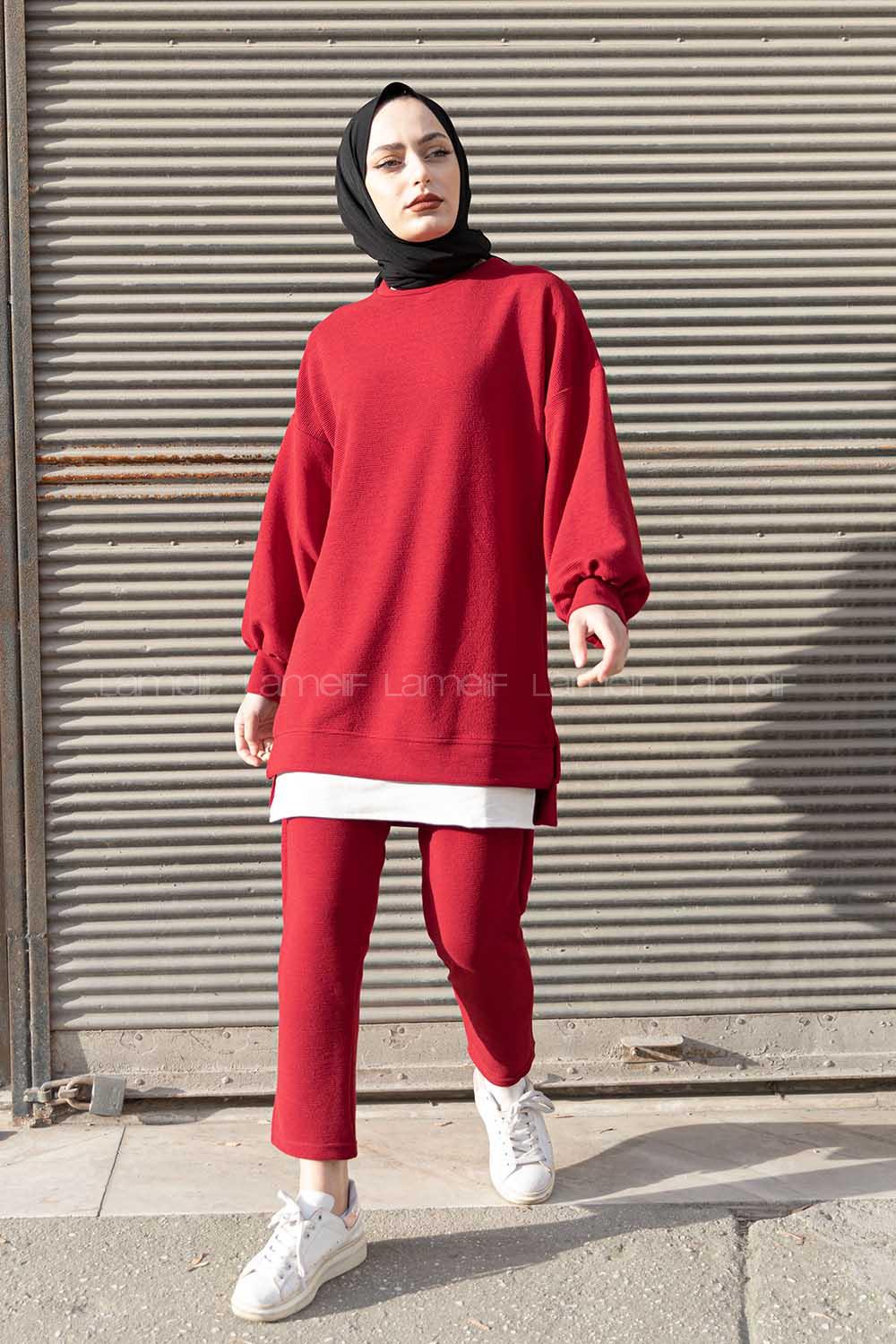 Modalamelif Eteği  Garnili Balon Kol İkili Takım Bordo