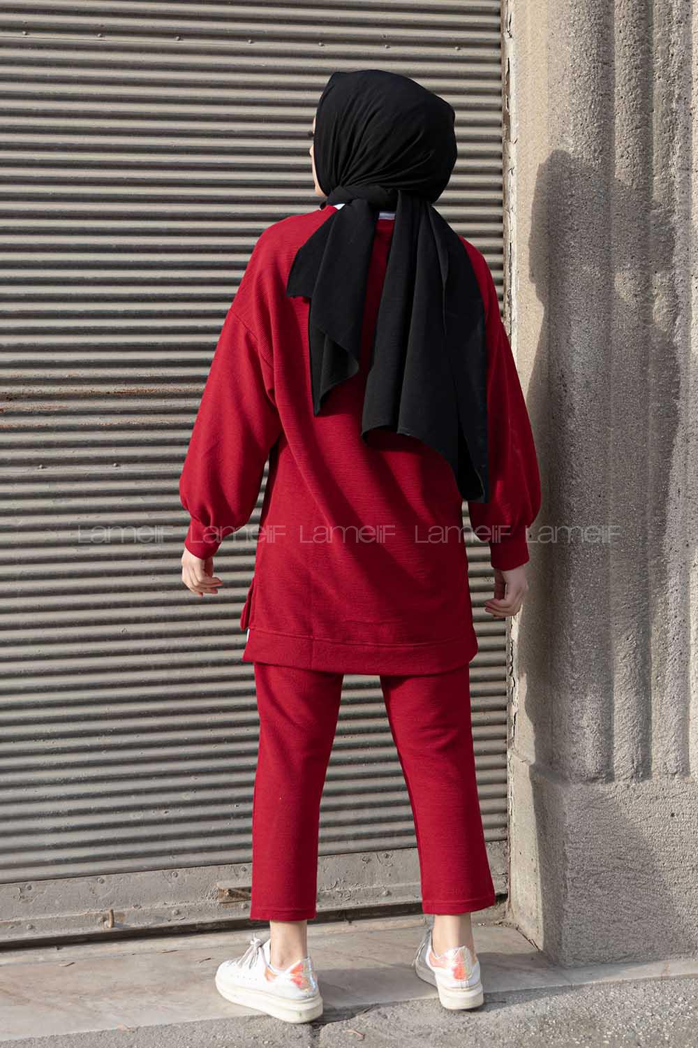 Modalamelif Eteği  Garnili Balon Kol İkili Takım Bordo