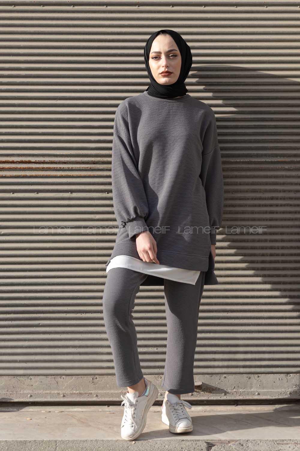 Modalamelif Eteği  Garnili Balon Kol İkili Takım Gri