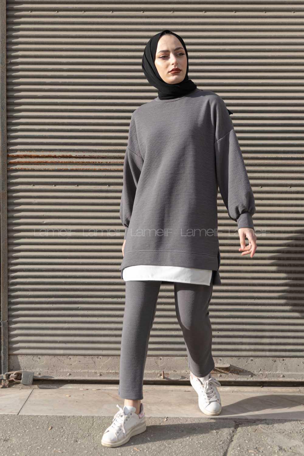 Modalamelif Eteği  Garnili Balon Kol İkili Takım Gri