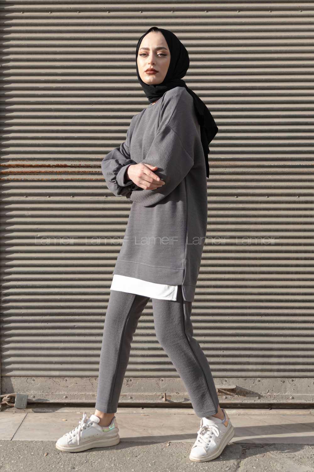 Modalamelif Eteği  Garnili Balon Kol İkili Takım Gri