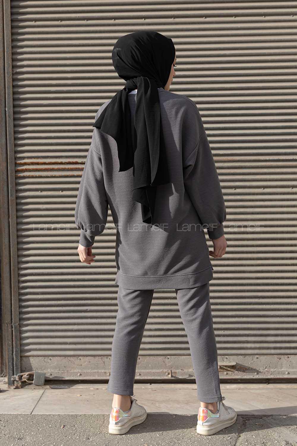 Modalamelif Eteği  Garnili Balon Kol İkili Takım Gri