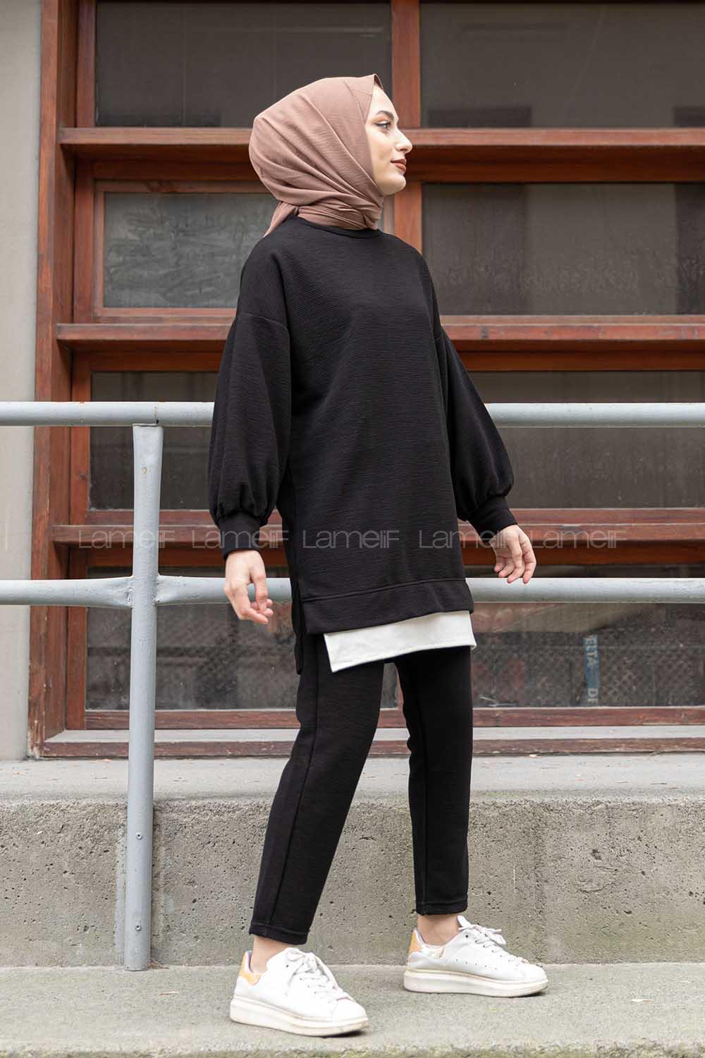 Modalamelif Eteği  Garnili Balon Kol İkili Takım Siyah