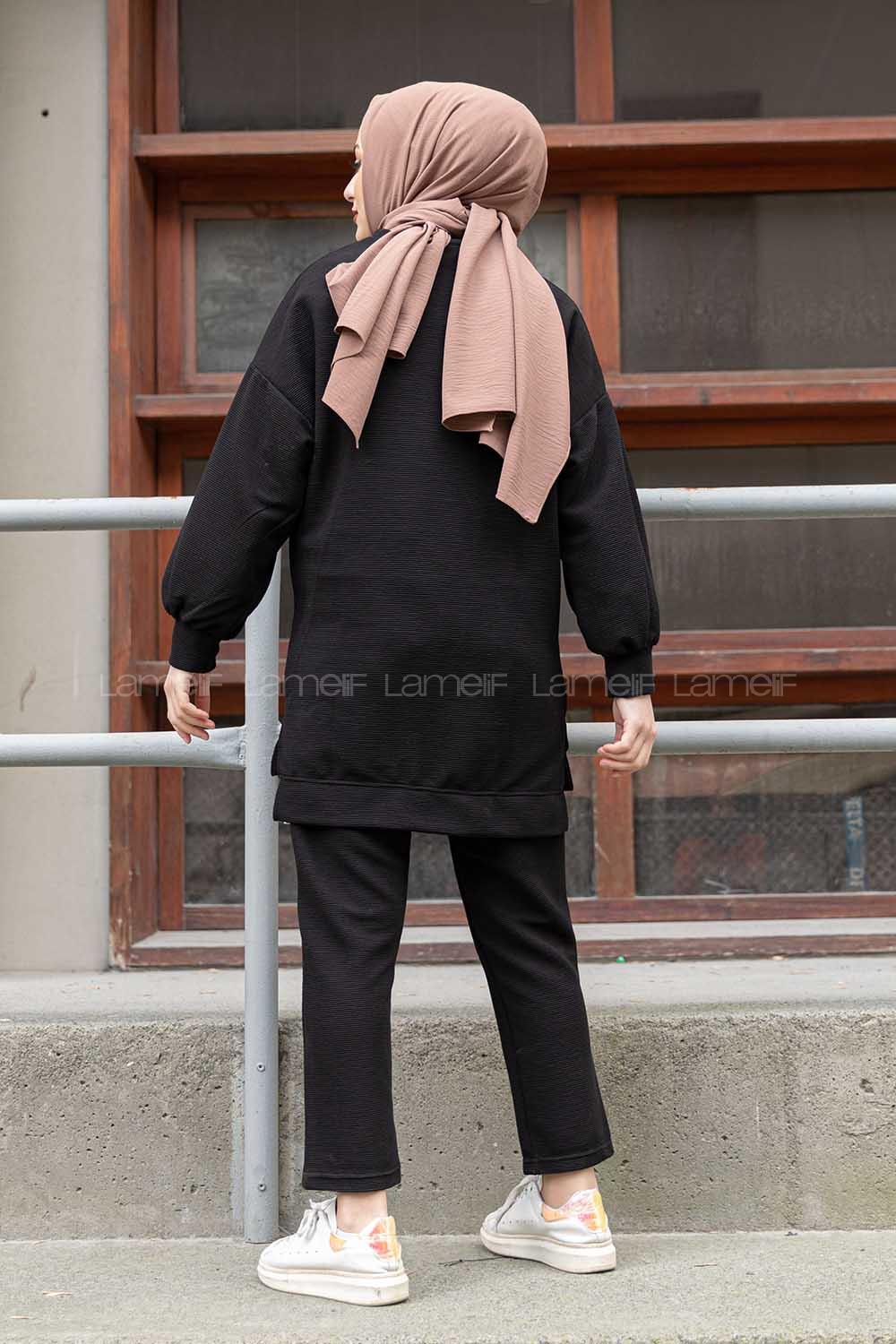 Modalamelif Eteği  Garnili Balon Kol İkili Takım Siyah