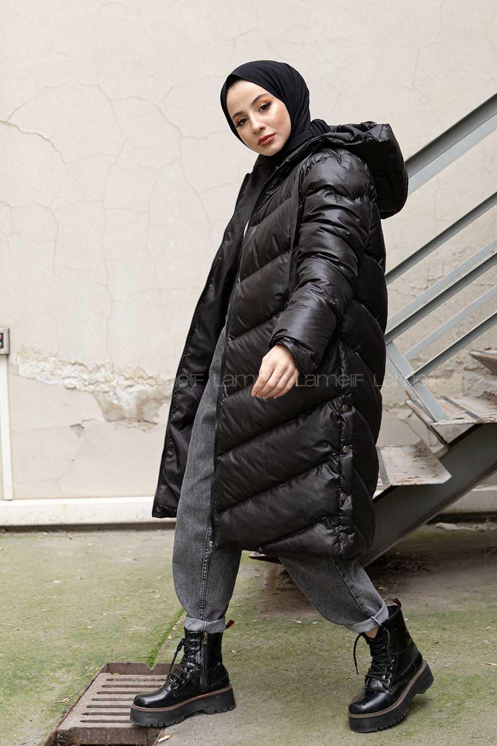 Modalamelif Kapşonlu Şişme Mont Siyah