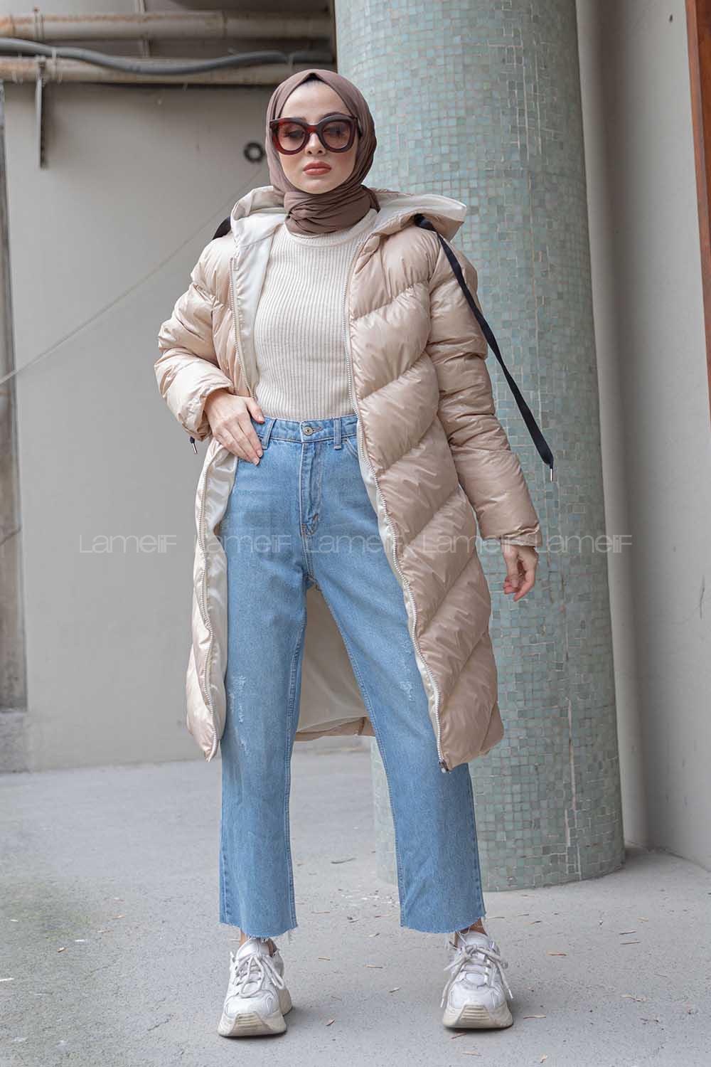 Modalamelif Kapşonlu Şişme Mont Sütlü Kahve