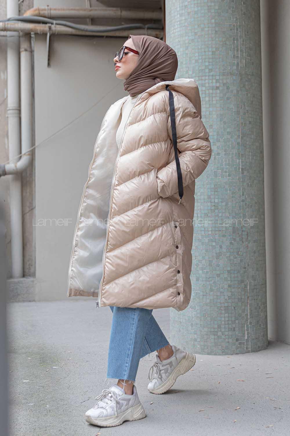 Modalamelif Kapşonlu Şişme Mont Sütlü Kahve