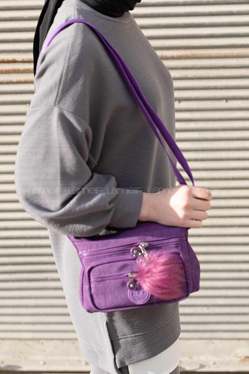 Modalamelif  Krinkıl Kumaş Ponpon Çapraz Çanta Mor