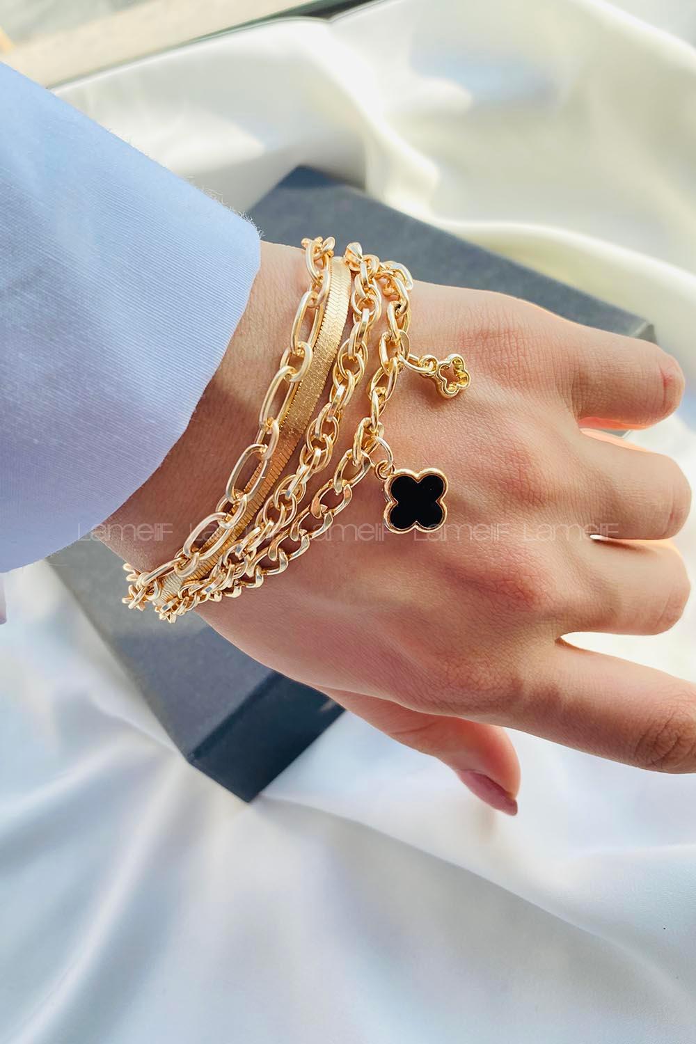 Modalamelif Siyah Çiçek 4lü Zincir Bileklik