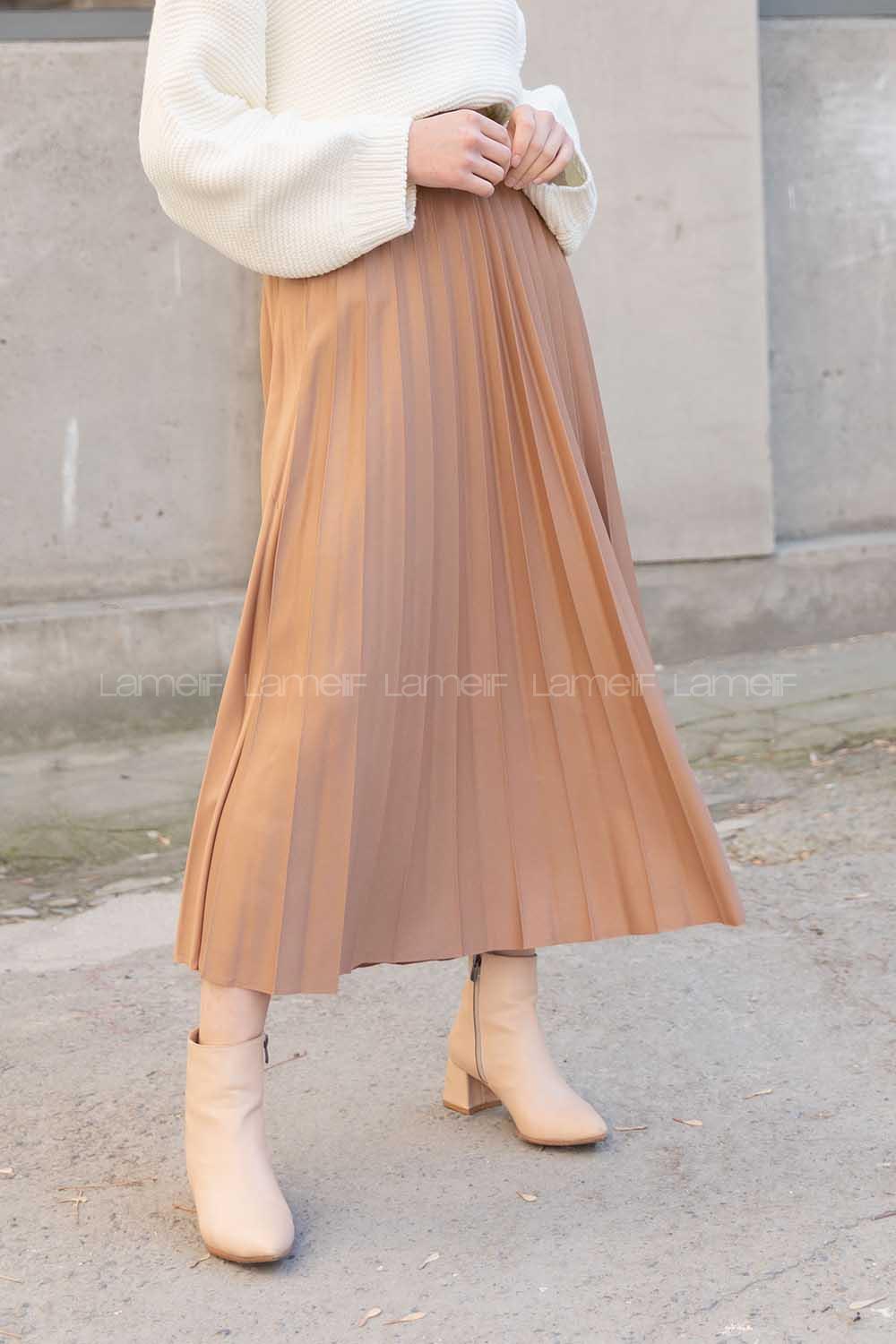 Modalamelif Laklı Astarlı Piliseli Etek Sütlü Kahve