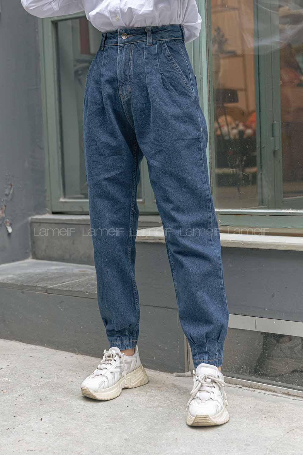 Modalamelif Paça Pileli Çift Cep Kot Pantolon Koyu Mavi