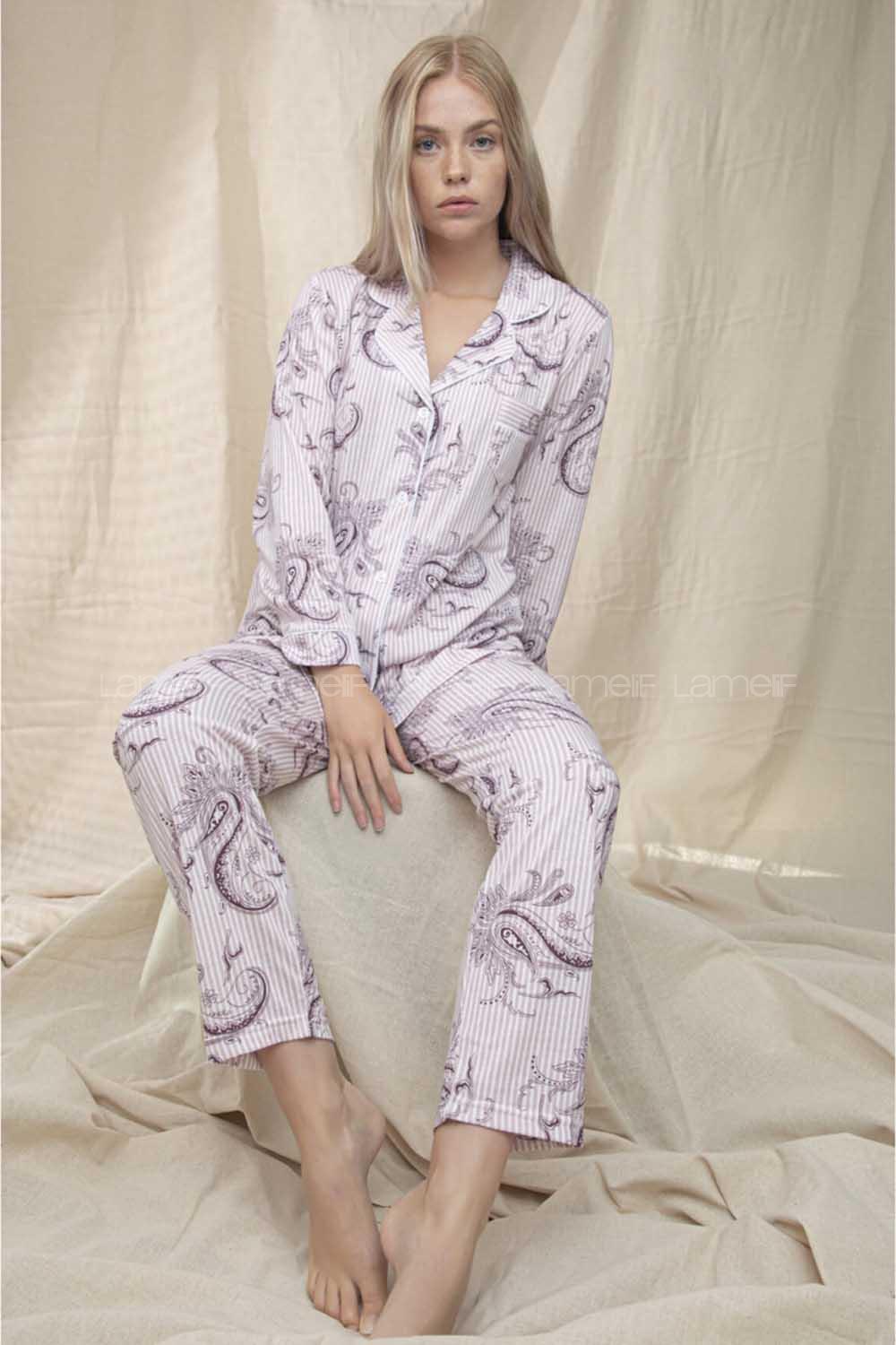 Modalamelif Önü Düğmeli Uzun Kolu Pudra Pijama Takımı