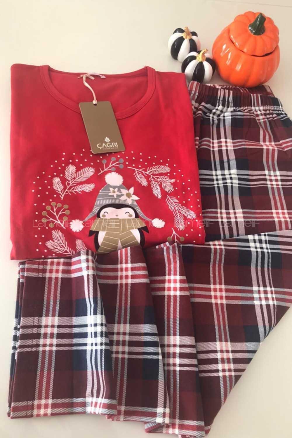 Modalamelif Uzun Kollu Penguen Desenli Kırmızı Pijama Takımı