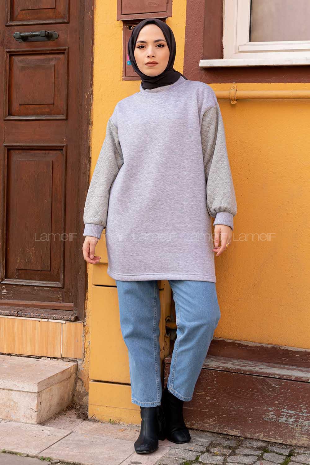 lif Kolları Kapitone  Sweatshirt Gri