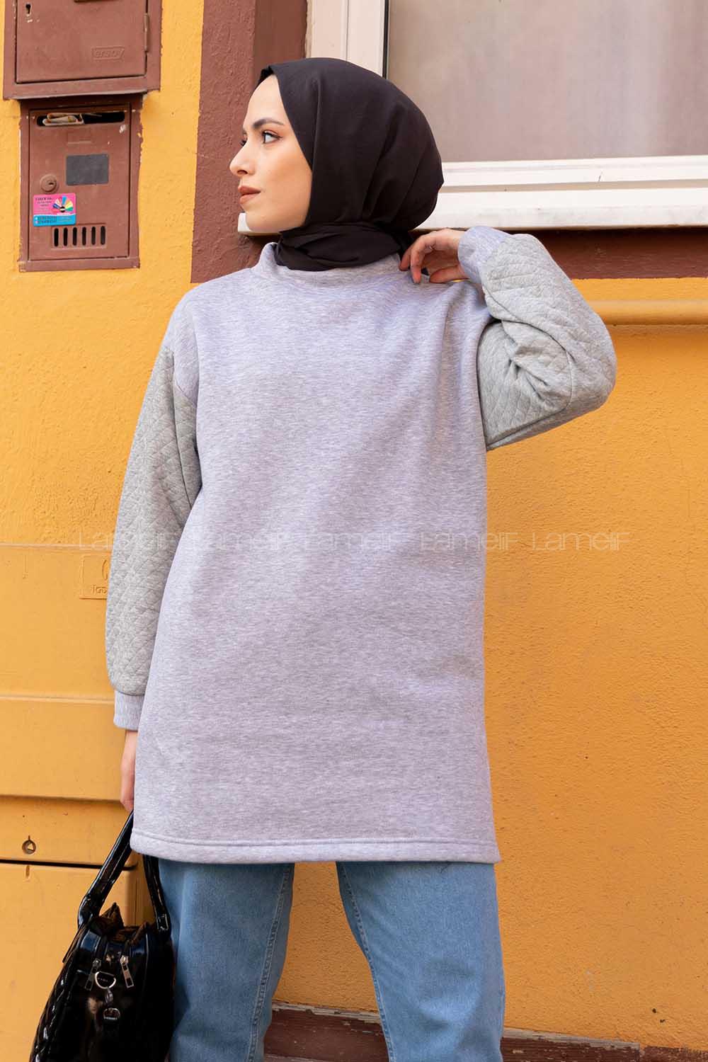 lif Kolları Kapitone  Sweatshirt Gri
