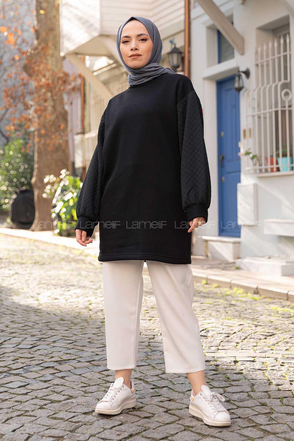 Modalamelif Kolları Kapitone  Sweatshirt Siyah