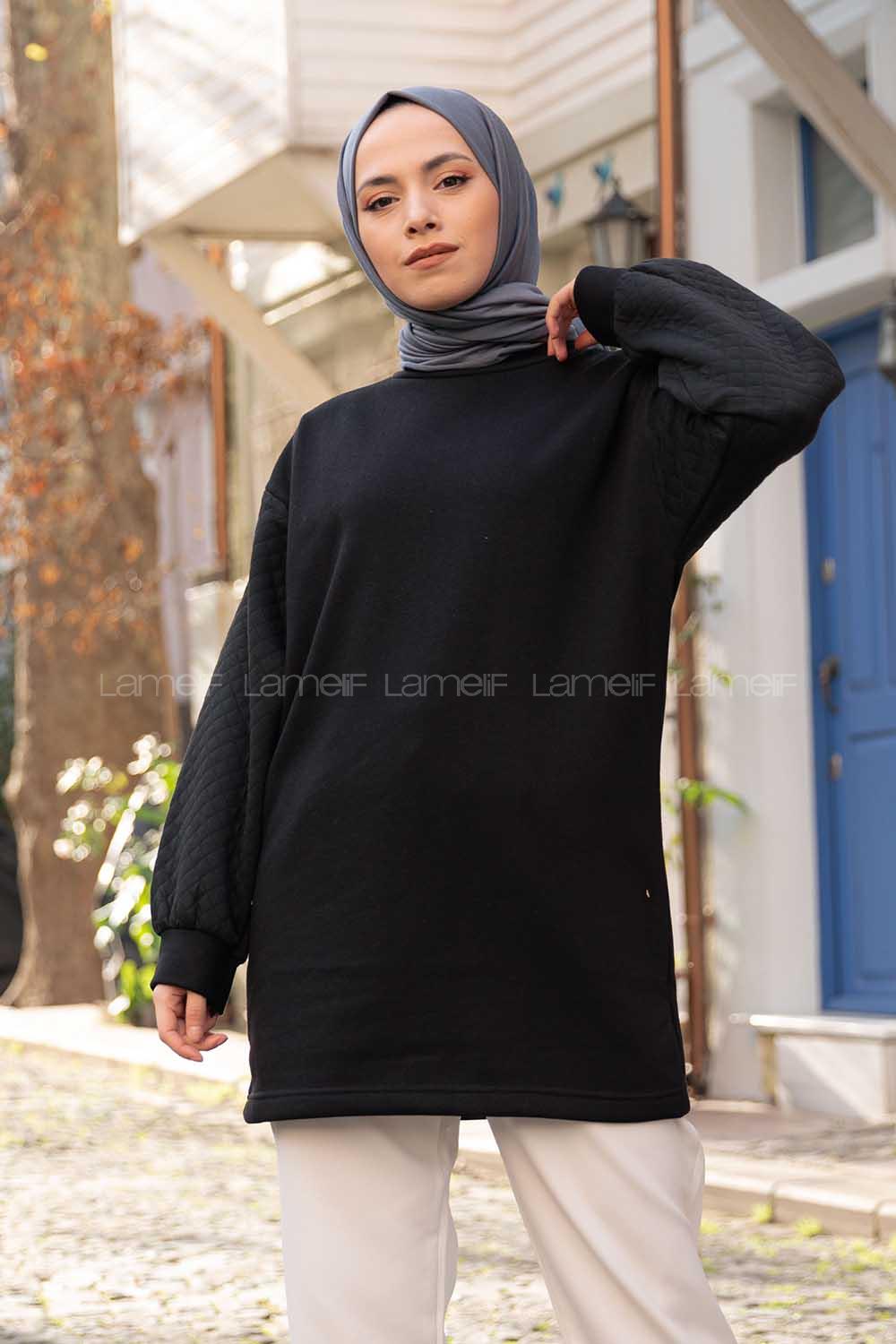 Modalamelif Kolları Kapitone  Sweatshirt Siyah
