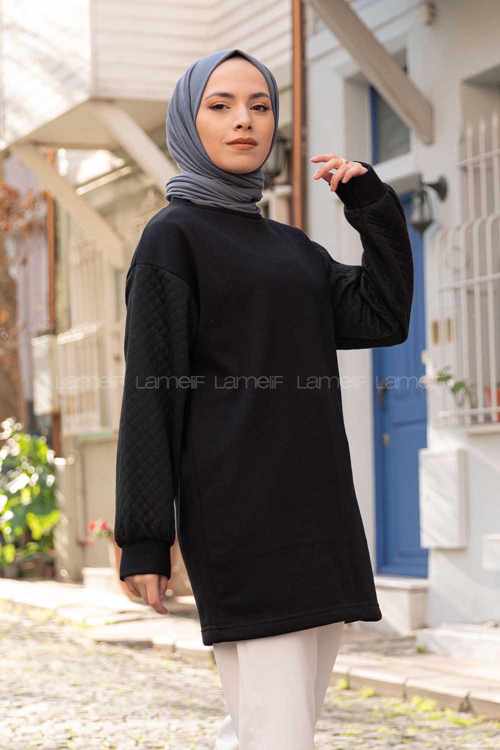 Modalamelif Kolları Kapitone  Sweatshirt Siyah