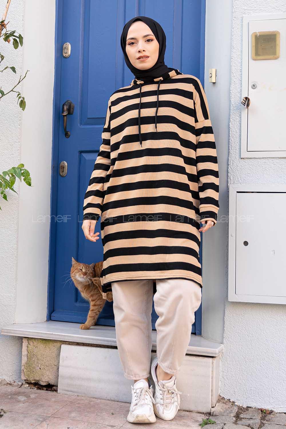 Modalamelif  Çizgili Triko Kapşonlu Tunik Camel