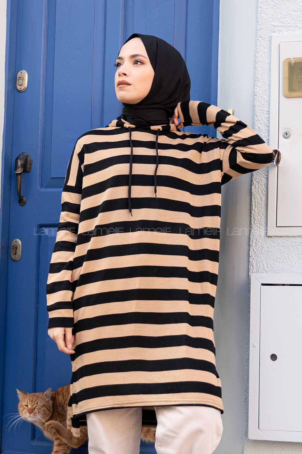 Modalamelif  Çizgili Triko Kapşonlu Tunik Camel